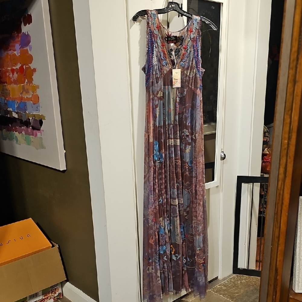 Johnny Was Long Mesh Embroidered Maxi Dress Multicolored Details NWT!
